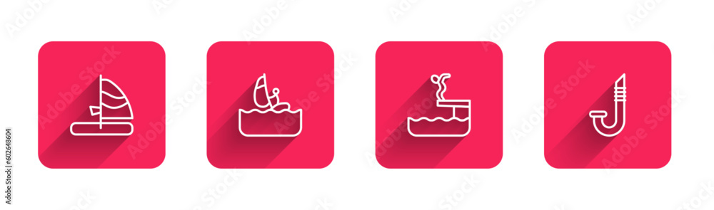 Poster set line windsurfing, swimmer diving into pool and snorkel with long shadow. red square button. vect