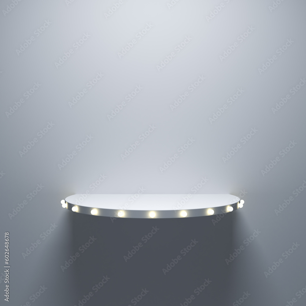 Aufkleber empty white shelf or product display mockup round shelf with yellow retro neon light bulbs isolated 