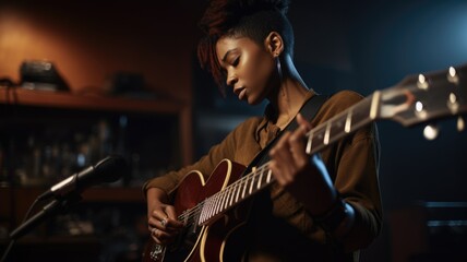 Musician Female African-American Young Adult Playing guitar in Recording studio. Generative AI AIG22. - obrazy, fototapety, plakaty