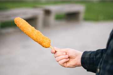 Man holding corn dogi in paper plates on blurred background, korean street food.