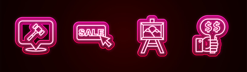 Set line Auction hammer, Price tag with Sale, painting and Hand holding auction paddle. Glowing neon icon. Vector
