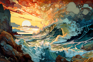 A painting of a huge wave coming in to shore on sunset. Generative AI.