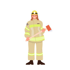 Single brave female firefighter emergency worker character wearing helmet and uniform with hatchet