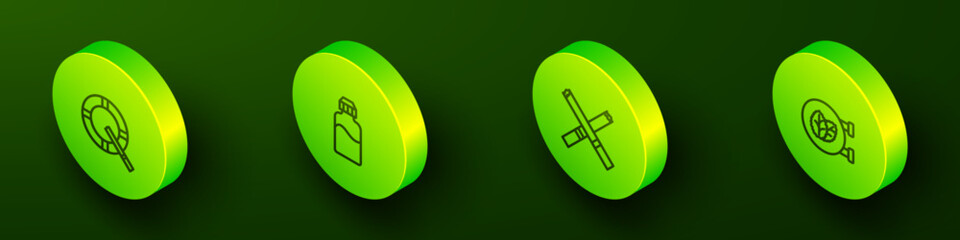 Set Isometric line Ashtray with cigarette, Vape liquid bottle, Cigarette and Tobacco leaf shop icon. Vector