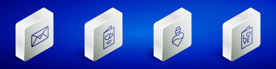 Set Isometric line Envelope with Valentine heart, Valentines day flyer, Bottle love potion and party icon. Vector