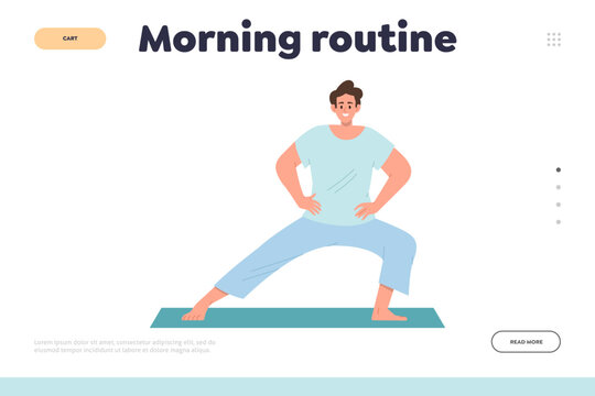 Morning routine landing page design template with happy young man character doing physical workout