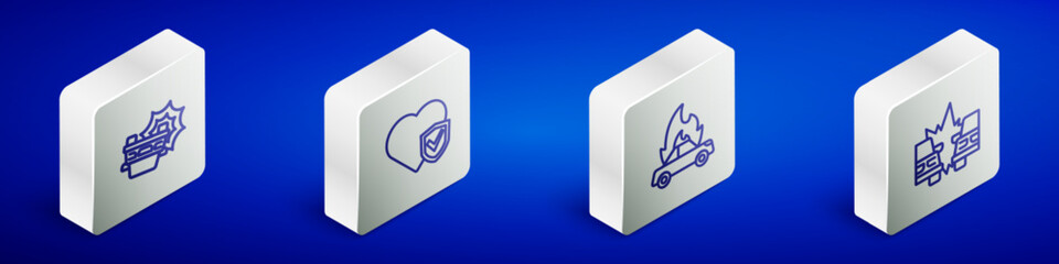 Set Isometric line Car accident, Life insurance with shield, Burning car and icon. Vector