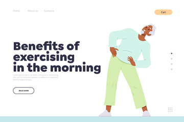 Senior man doing everyday workout on landing page with benefits of exercising in morning concept