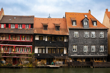 View of the small Venice and the river Regnitz. Historical old town of Bamberg, Upper Franconia, Bavaria, Germany. Facades of the old buildings in Bamberg.