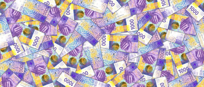 Financial illustration. Seamless pattern. Randomly scattered paper banknotes of 1000 Swiss francs. Wallpaper or background.