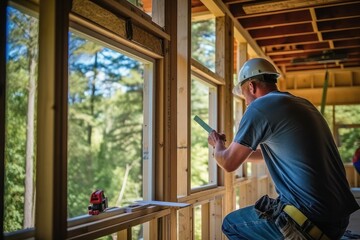 Man installing windows in a new home, demonstrating the expertise and precision of a professional contractor, generative ai