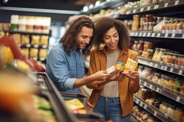 A couple in a grocery store reading nutritional information on a food product, demonstrating conscious consumer behavior and health awareness, generative ai - obrazy, fototapety, plakaty
