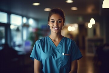 Portrait of a proud and compassionate female nurse smiling in a hospital, embodying the dedication and warmth of healthcare professionals, generative ai - obrazy, fototapety, plakaty