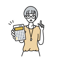 立って電卓を指差してこちらに向けて見せている教師の女性