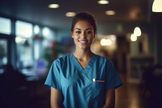 Portrait of a proud and compassionate female nurse smiling in a hospital, embodying the dedication and warmth of healthcare professionals, generative ai