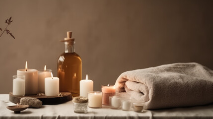 Obraz na płótnie Canvas Serene Relaxation Haven. Empty background with a massage table adorned with towels, candles, and aromatherapy oils. Copy space for text. Spa retreat, wellness AI Generative 