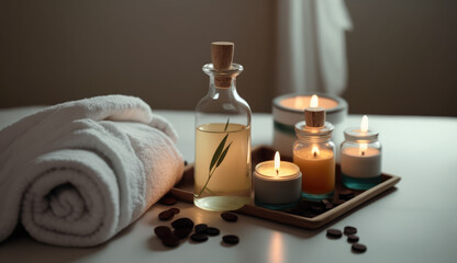 Fototapeta na wymiar Serene Relaxation Haven. Empty background with a massage table adorned with towels, candles, and aromatherapy oils. Copy space for text. Spa retreat, wellness AI Generative 