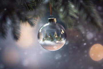 Christmas bauble, ball with fir twigs and sparkling snow, AI generative Xmas greeting background with copy-space, place for text