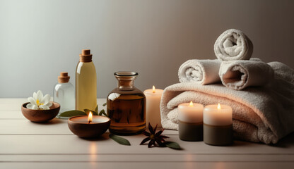 Obraz na płótnie Canvas Serene Relaxation Haven. Empty background with a massage table adorned with towels, candles, and aromatherapy oils. Copy space for text. Spa retreat, wellness AI Generative 