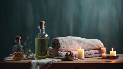 Serene Relaxation Haven. Empty background with a massage table adorned with towels, candles, and aromatherapy oils. Copy space for text. Spa retreat, wellness AI Generative	
 - obrazy, fototapety, plakaty