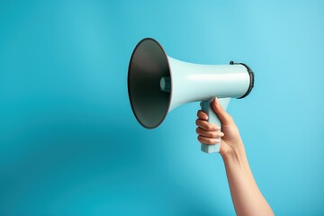 Hand with blue megaphone isolated on blue background, Generative AI