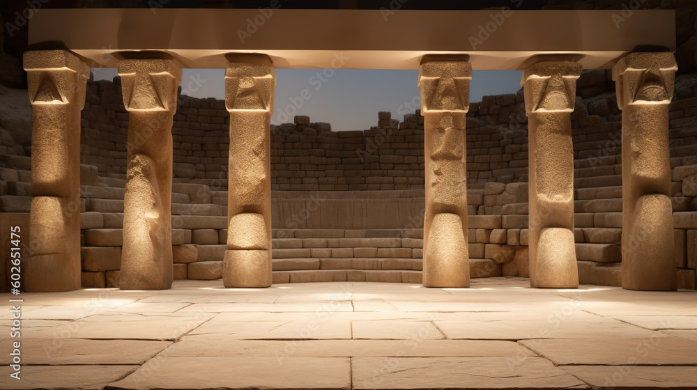 Poster an empty stage with ancient stone columns and lights. generative ai image.