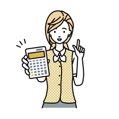 立って電卓を指差してこちらに向けて見せている事務員制服の女性