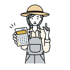 立って電卓を指差してこちらに向けて見せている農家の女性