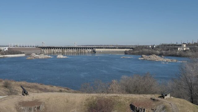 Hydroelectric power station in Zaporizhia, Ukraine. A dam in the city of Zaporozhye. View from Khortitsa Island