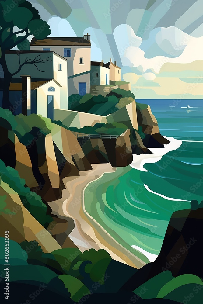 Poster a picture of a home perched on the edge of a cliff with a view of the sea generative ai