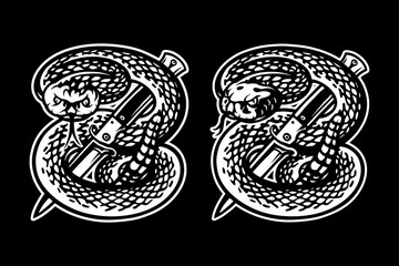 Rattlesnake With Knife Vector Illustrations, Two Alternative head.
