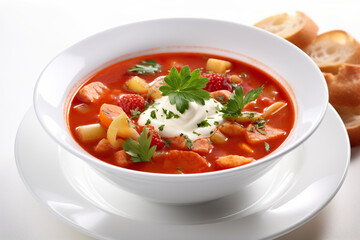 Minestrone, tomato vegetable soup with pasta, served with parsley and sour cream. Generative AI.