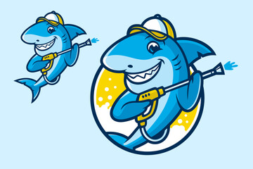 Friendly Blue Shark Mascot Holding a car wash wand - Vector Illustration