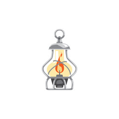 Retro kerosene lamp with flame inside, cartoon flat vector illustration isolated on white background.