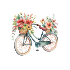 Whimsical Watercolor Illustration Adorable Bike Adorned with Blooming Flowers, transparent background,,Created by Generative AI