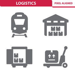 Logistics Icons. Shipping, Transportation, Train, Warehouse, Box Vector Icon Set