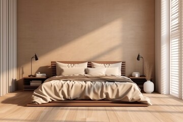 Luxurious Minimal Bedroom with Wood Bedside Table, Leather Headboard, and Gold Lamp. Ai Generated.