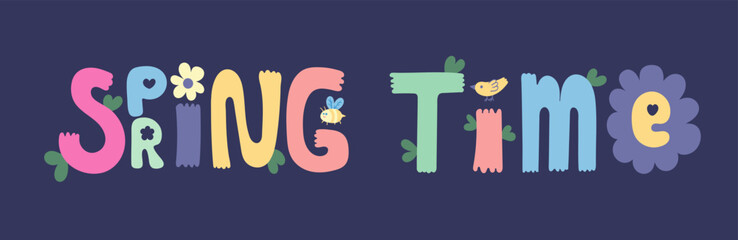 Hello Spring time handwritten typography lettering text colorful background banner. Season vocation, weekend, holiday print, card