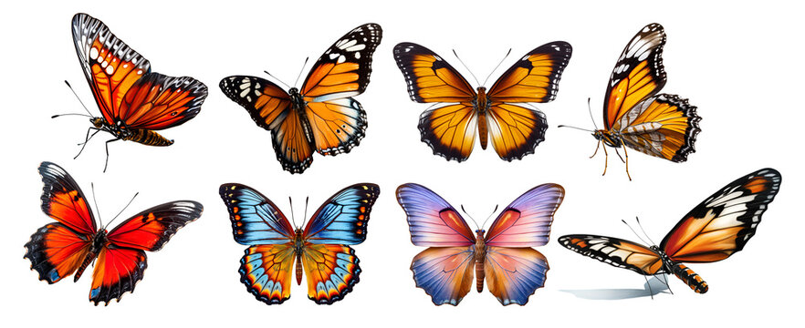 Fototapeta Butterfly Butterflies, many angles and view frontal side head shot isolated on transparent background cutout. PNG file.