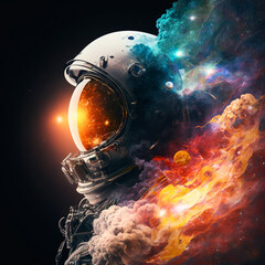 Obraz na płótnie Canvas Spaceman portrait in spacesuit and reflection of stars on cosmos background. Astronaut and colorful fantasy smoke in universe for National Space Day. Generative AI 