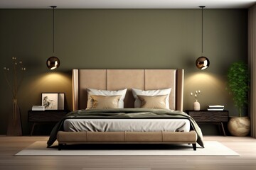 Luxurious Minimal Bedroom with Wood Bedside Table, Leather Headboard, and Gold Lamp. Ai Generated.