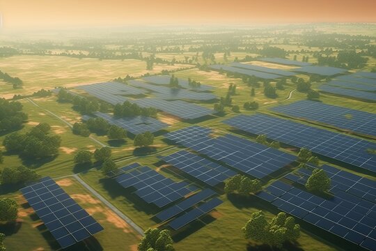 Aerial view of a solar park. AI generative