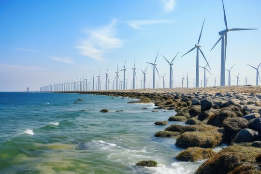 wind turbines next to the sea. AI generative