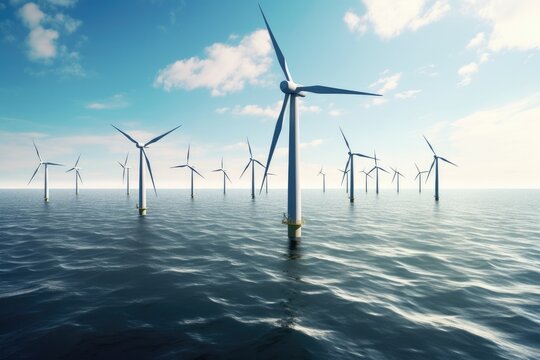 wind turbines inside the sea producing renewable energy. IA generative