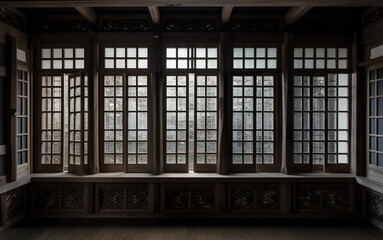 Engawa house, Japanese style. Dark empty room with row of wooden window, symmetrical shot. AI generative