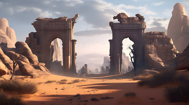 desert landscape with ancient lost city ruins with huge gate , background, generative ai	
