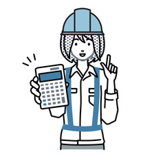 立って電卓を持ってこちらに向けて見せている工事現場の女性