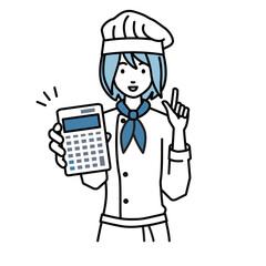 立って電卓を指差してこちらに向けて見せている調理師の女性