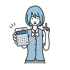 立って電卓を持ってこちらに向けて見せている事務員制服の女性