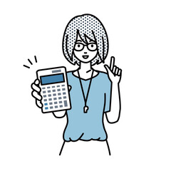 立って電卓を指差してこちらに向けて見せている教師の女性